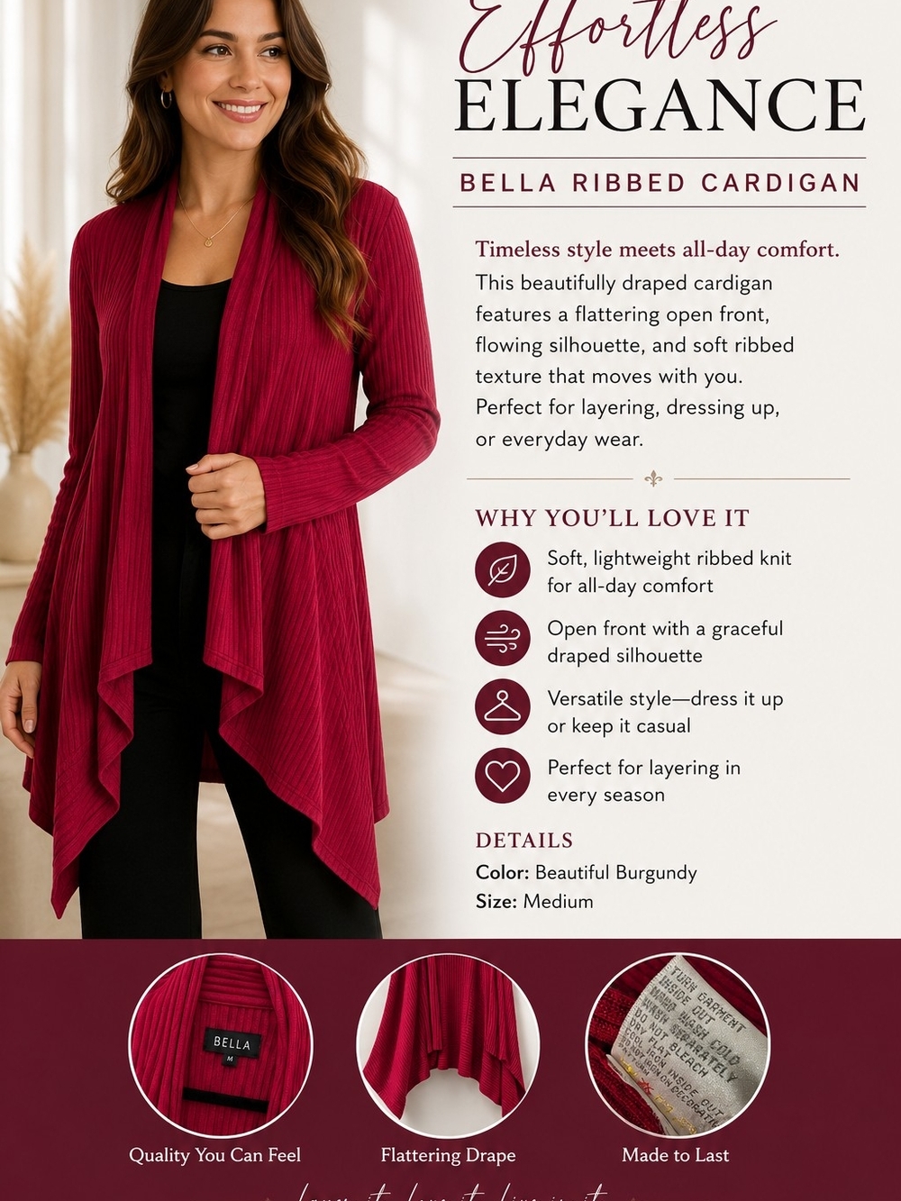 Abella Burgundy Ribbed Cardigan Sweater for Women